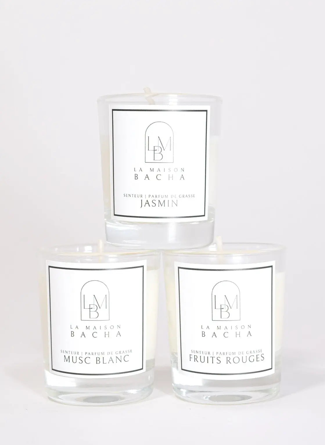 Coffret Découverte de La Maison BACHA avec trois bougies parfumées 35g : Jasmin, Musc Blanc, Fruits Rouges.