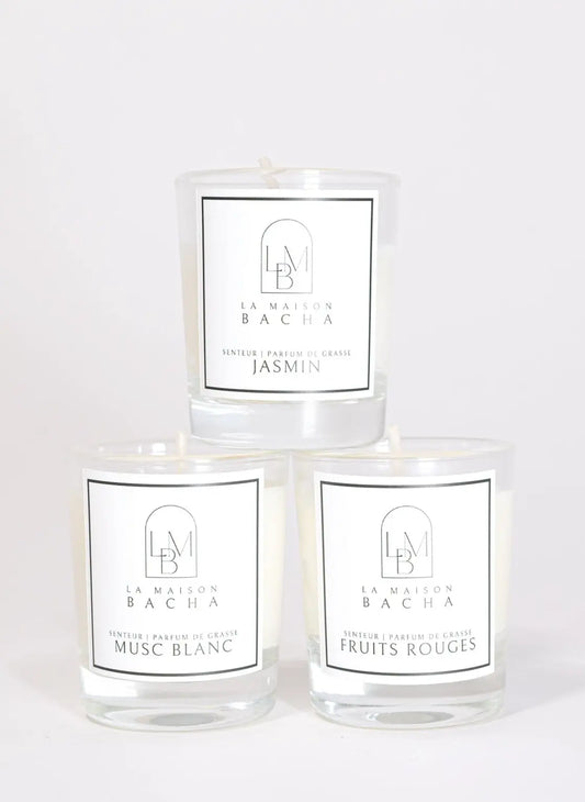 Coffret Découverte de La Maison BACHA avec trois bougies parfumées 35g : Jasmin, Musc Blanc, Fruits Rouges.