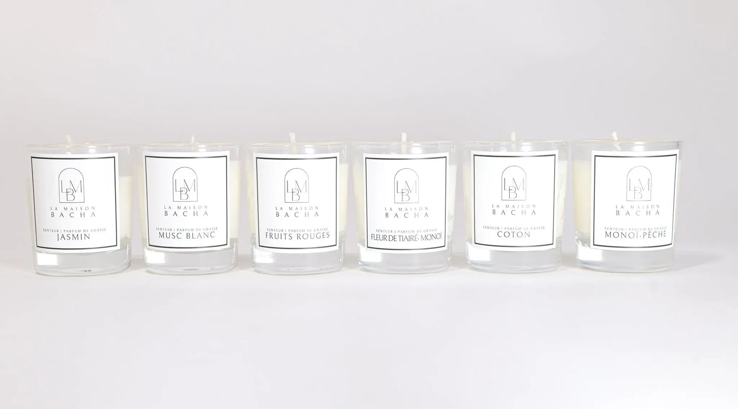Coffret Découverte de La Maison BACHA avec 6 bougies parfumées 35g, incluant jasmin, musc blanc, fruits rouges.