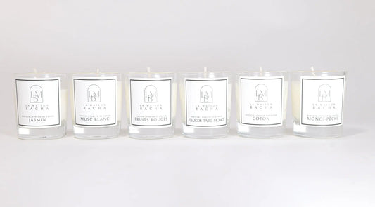 Coffret Découverte de La Maison BACHA avec 6 bougies parfumées 35g, incluant jasmin, musc blanc, fruits rouges.
