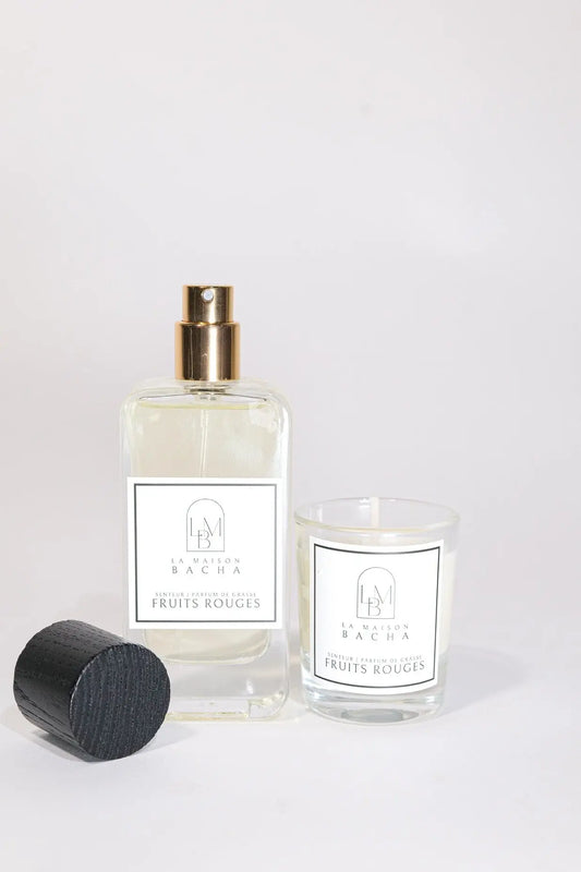 Duo Découverte – Bougie et Spray, parfum Fruits Rouges, fabrication artisanale, cire végétale.