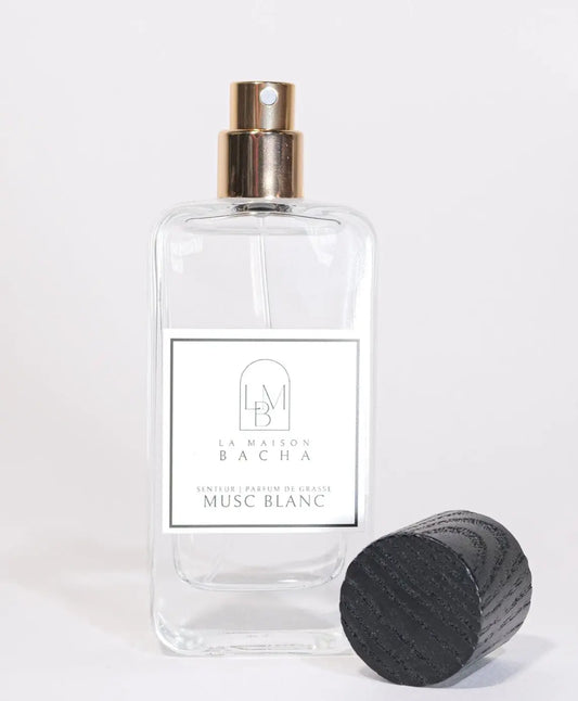 Flacon de parfum d'intérieur Musc Blanc avec bouchon en bois naturel, 50ml et 100ml.
